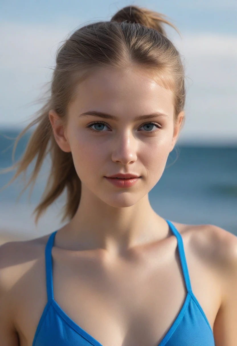 full body shot, A young Danish teen girl poses on a northern beach . 18 years old, very sexy pose, armpits, The girl has extremely detailed eyes, beautiful lips, long eyelashes and perfect anatomy. Her fragile skinny body and hands are worked out to the smallest detail, with realistic, photorealistic and the highest quality rendering. The lighting is Rembrandt-esque, creating a dramatic, masterpiece scene. She has a Danish appearance, with a cute thin face, smirking, short light brown hair in a ponytail, blue_gray eyes, and medium breasts. The girl poses in a seductive style, looking like a high quality work of photographer David Dubnitsky. Her pale skin shows pores and moles, and she is wearing a bikini white top and a very small bikini thong. she is wet, full body shot. The scene was shot on a DSLR camera in 16K UHD resolution, with soft cinematic lighting