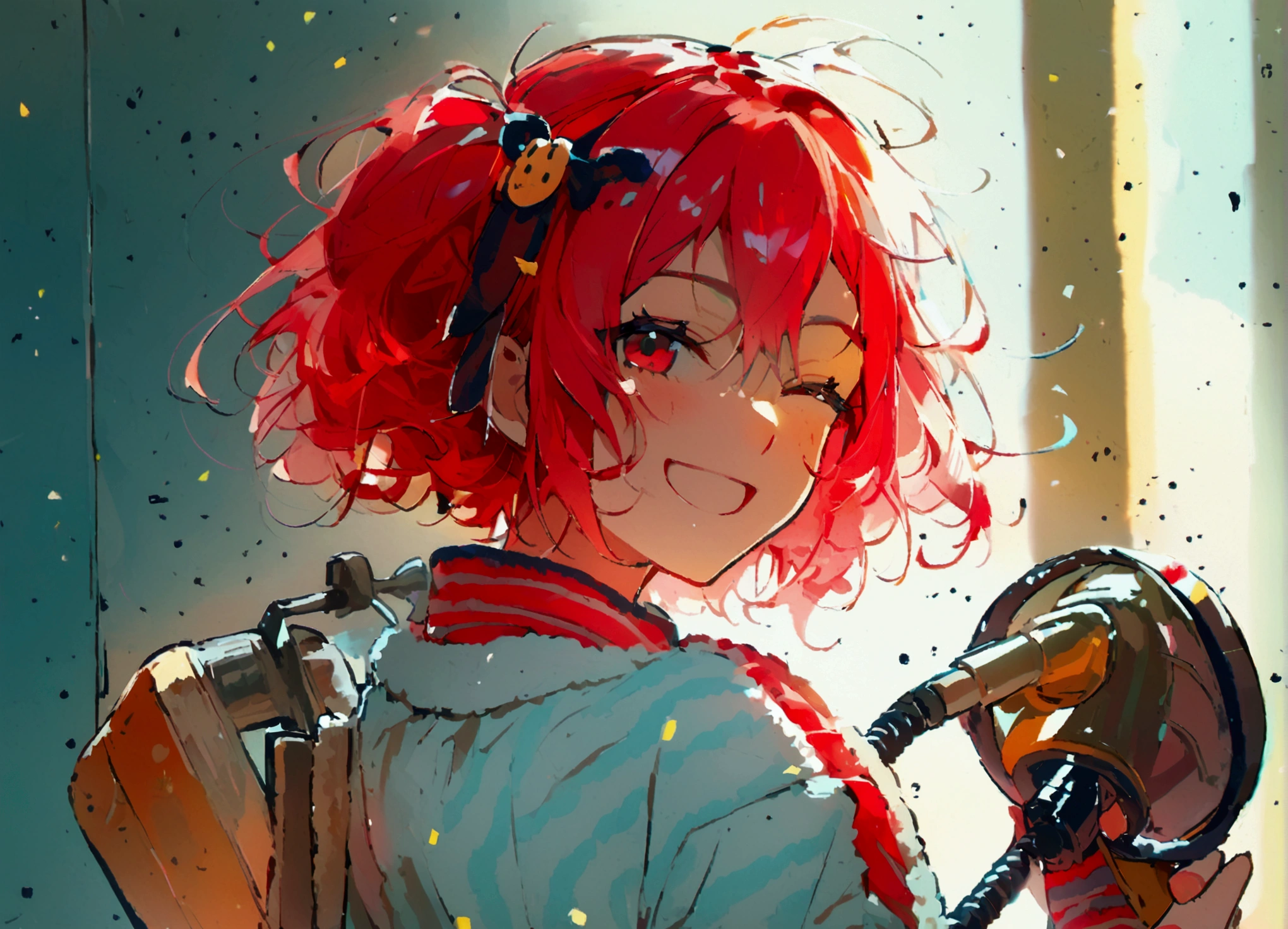 Red hair, loungewear, holding vacuum cleaner, smiling