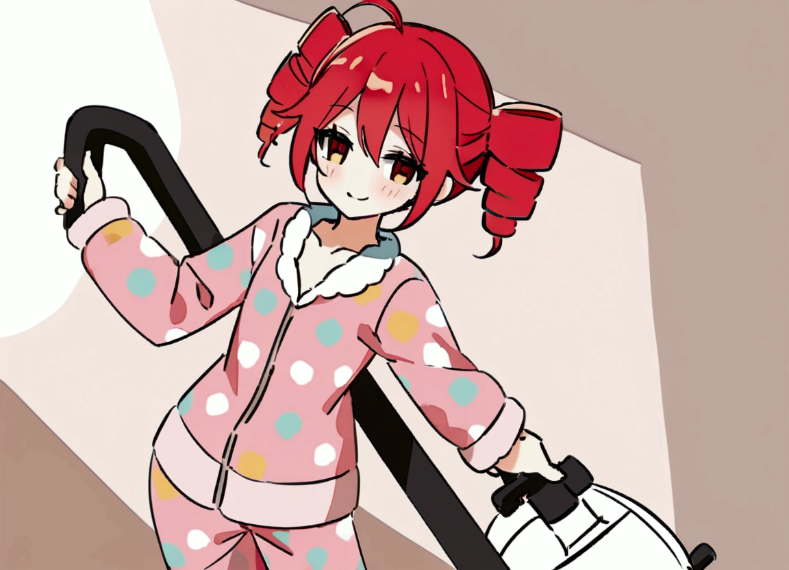 Red hair, loungewear, holding vacuum cleaner, smiling