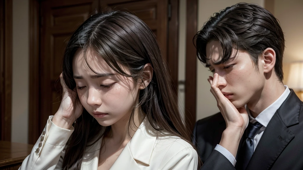 woman in the room sad crying with both hands on her head, She is wearing formal clothes and next to her is a well-dressed man with a very sad face and watery eyes