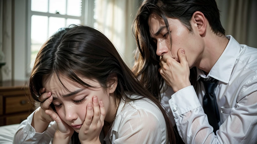 woman in the room sad crying with both hands on her head, She is wearing formal clothes and next to her is a well-dressed man with a very sad face and watery eyes