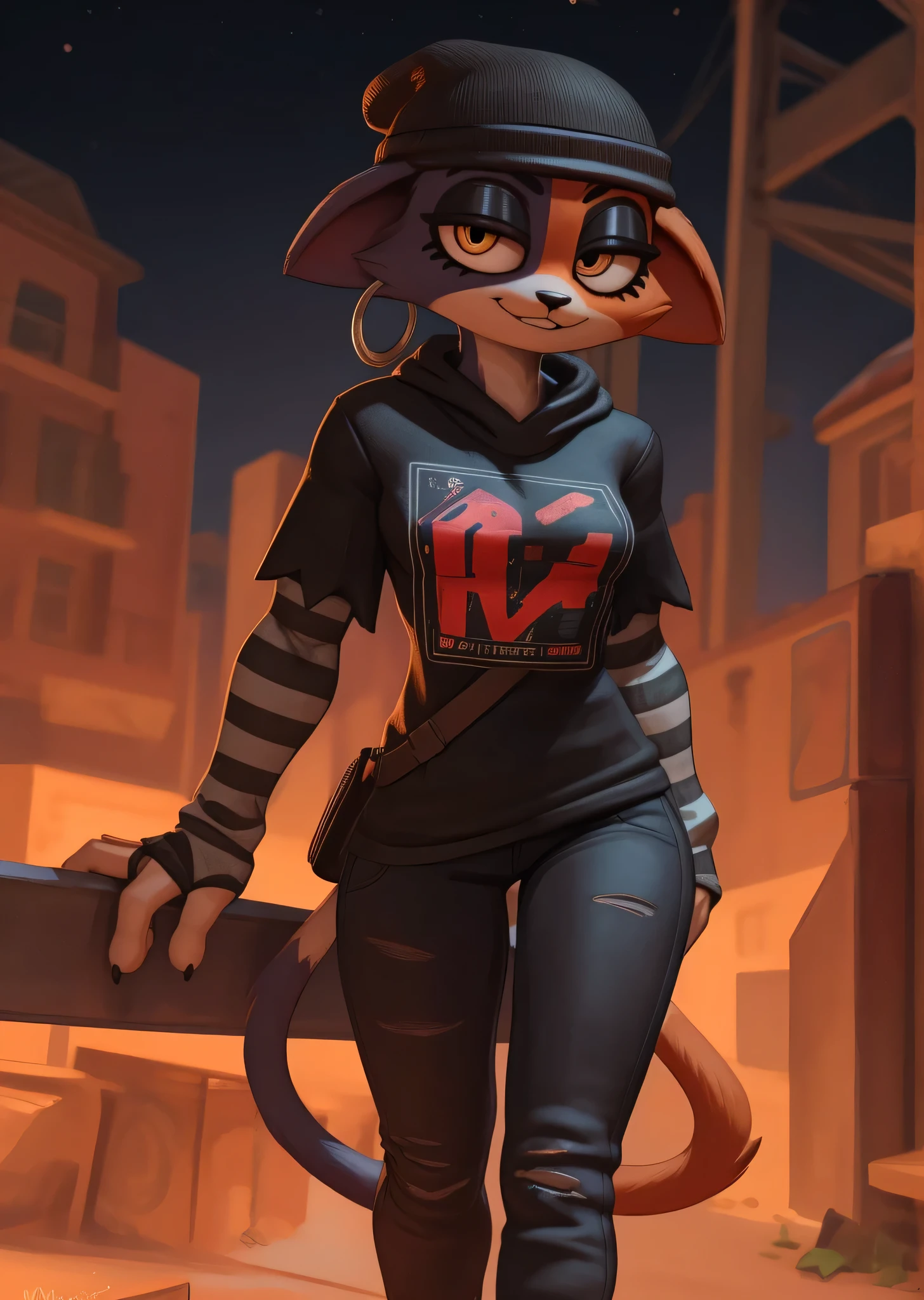[meow skulls], [Uploaded to e621.net; (Pixelsketcher), (wamudraws)], ((masterpiece)), ((HD)), ((high res)), ((solo portrait)), ((front view)), ((waist up)), ((furry; anthro)), ((detailed fur)), ((detailed shading)), ((beautiful render art)), {anthro cat; (black and orange fur), (two toned fur), (black fur on left leg), (orange fur on right leg), (black nose), (droopy cat ears), (cute yellow eyes), (short eyelashes), (long cat tail), (defined muscles), (toned figure), (curvy hips), (beautiful legs), (smug grin), (relaxed expression)}, {black long sleeve shirt, striped sleeves, black jeans, black beanie, hoop earring}, {(looking at viewer)}, [ambient lighting, skate park, sun rays]