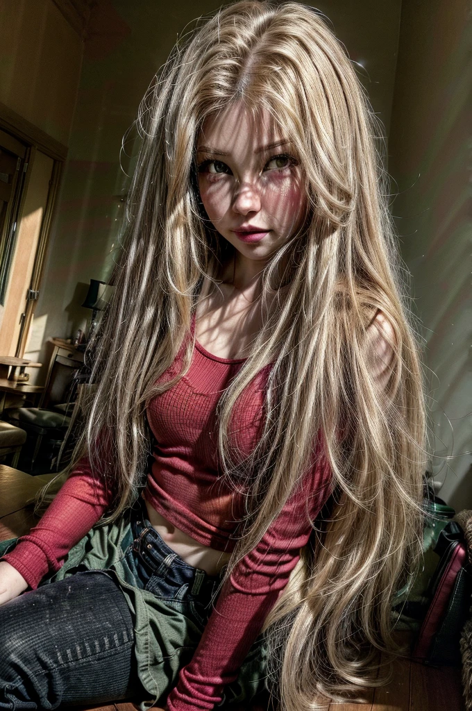  1 girl, red shirt, black pants, cafe table, sunrise, blonde hair, straight hair, green eyes, solo, sitting on chair, looking at viewer, dramatic lighting, coffee on table