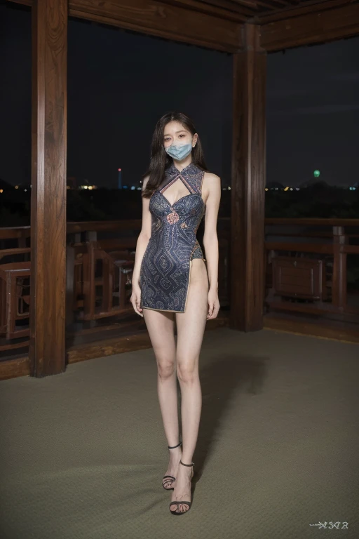 ((original photography:1.2))，Photographed by mobile phone，RAW photos,Night view of Beijing，violent storm，1 Girl, Perfect body，Full body portrait，Fashion的头发, Very long hair, delicate eyes, Side Light, Sweating，With a mask, huge collar，Medium breasts，Fashion的民族服飾，(intricate ethnic costumes、embroidery、stripe、pattern、Fashion、Hollow)，Long slender legs