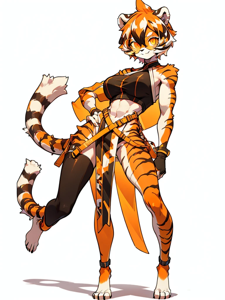 white background, full body, ((furry female:1.2)), Standing, animal ears, white hair, black hair, round eyewear,  short hair, large breasts, muscle, tail, orange eyes, orange hair, multicolored hair, tiger girl, hair between eyes, tiger_ears, tiger_tail, orange-tinted_eyewear, tinted_eyewear, big breasts, evil smile, Shadows under feet, Abdominal muscles, (((Hooker outfit:1.2))), 