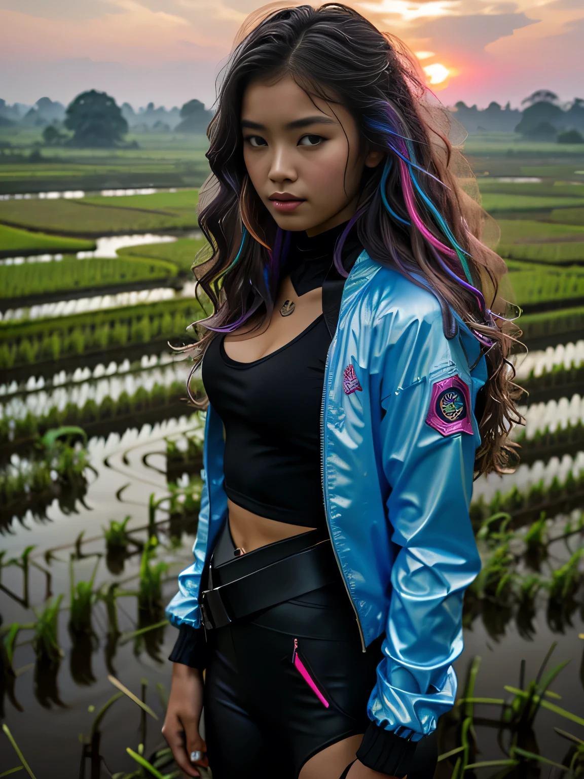 Beautiful cyberpunk girl looking at camera, big breast, long wavy hair, multicolor tech jacket, detailed muscles, realistic masterpiece, standing in
Indonesian rural rice fields