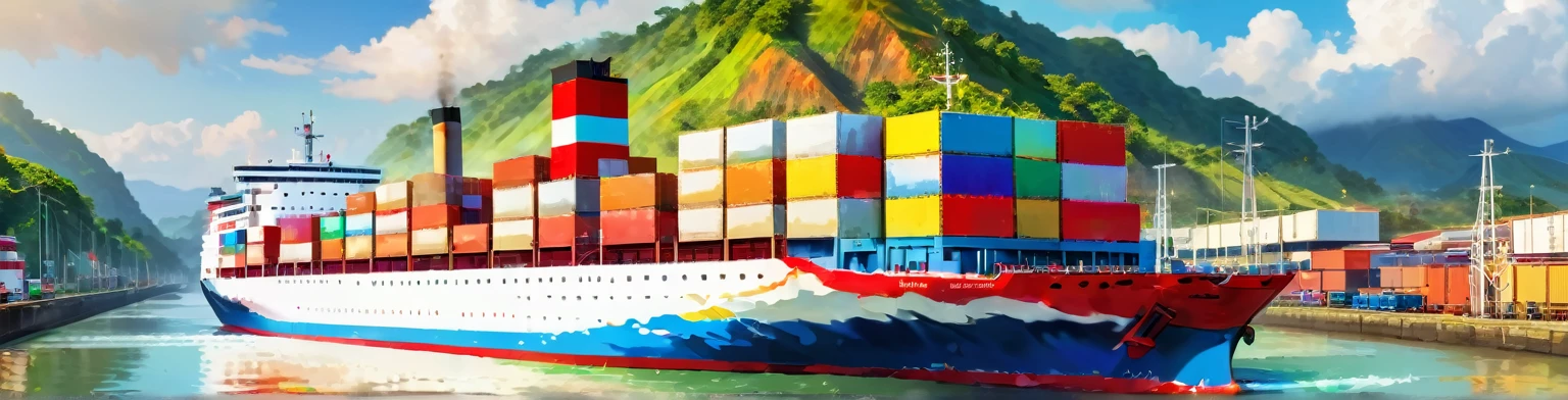 Panama Canal, paint, double exposure, (textura de paint:1.2), (Masterpiece:1.2), Best Quality, (hyperdetailed, more detailed:1.2), high resolution textures, beautiful landscape, Very detailed, very clear, (Panama Canal), vivid colors, HD, multicolor style, barco de buques pasando el Panama Canal, (ship named after Panama)