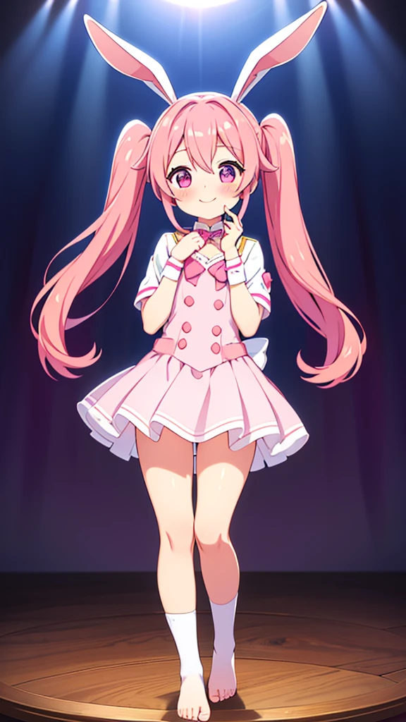((masterpiece))((Highest quality))Rabbit Ears、girl、smile、blush、Flat Chest、Are thin、Pink Hair、blush、Are standing、Whole body image、Even your toes are visible、Eye level on face、front、No background、Rabbit Pose、真frontのアングル、Pigtails、uniform