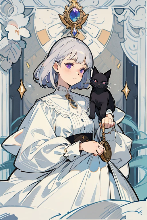 (of the highest quality、16k、Masterpiece、ultra high resolution、victorian era、photorealistic:1.2)、A delicate girl with platinum white hair, 20 years old rests her delicate hand on a glass, that reflects her with brown hair, surrounded by crystals and a black cat with purple eyes is next to him. Her platinum hair is messy., She is wearing a flowing white dress and holding a pocket watch in her hand.. A subtle smile plays on his lips., Your skin shines with the moon with an ultra-dense texture., and his fingers are full and detailed.
