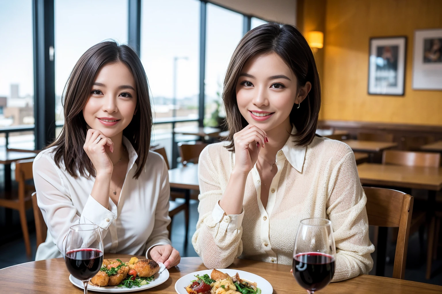 ((Highest quality、8K、masterpiece:1.3))、cute、slimカップル、modelカップル、actress男優、(Realistic, Intricate details:1.2), full-course dinner、Wine Party、Amazing view of the sunset sky and clouds、A bright smile、short hair,Bright Face、 (Age 37), Age 42, red wine 、Appetizers、Italian food、Wine bottle、Champagne、sparkling wine、Two beauties、Brown Hair、Shortcuts、Long sleeve shirt、dress、Beautiful woman 1, (slimな顔), (The body is slim), (Brown Hair), (Shortcuts), cheeks turn a little red,Attractive beauty、restaurant, In a prominent place (From the waist up) Nova Frog Style, actress, model, Upper Body, White wine, slim, wine glass, 中央に置かれたwine glass, smile, (smile: 1.15), Beautiful fine grain, Depth f/2,saturation, High Contrast, Strong light and shadow,Moist Body:1.5、3D texture、Delicate eyes、Brown Hair、The hair is very shiny、