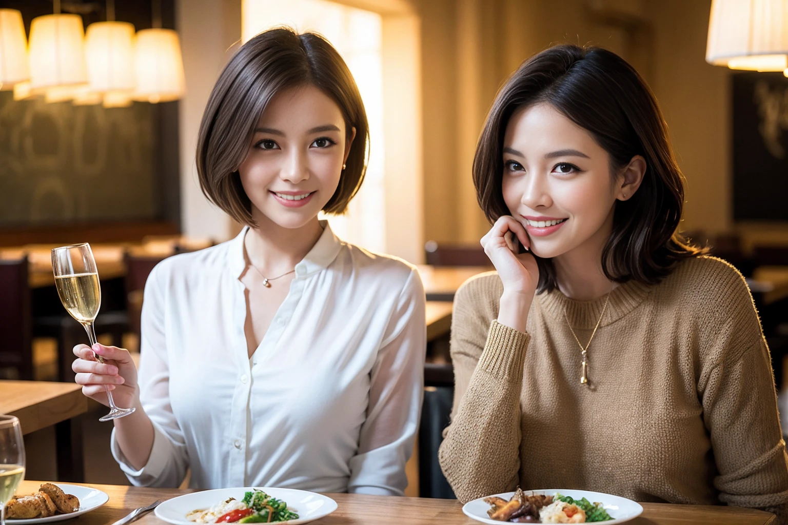 ((Highest quality、8K、masterpiece:1.3))、cute、slimカップル、modelカップル、actress男優、(Realistic, Intricate details:1.2), full-course dinner、Wine Party、Amazing view of the sunset sky and clouds、A bright smile、short hair,Bright Face、 (Age 37), Age 42, red wine 、Appetizers、Italian food、Wine bottle、Champagne、sparkling wine、Two beauties、Brown Hair、Shortcuts、Long sleeve shirt、dress、Beautiful woman 1, (slimな顔), (The body is slim), (Brown Hair), (Shortcuts), cheeks turn a little red,Attractive beauty、restaurant, In a prominent place (From the waist up) Nova Frog Style, actress, model, Upper Body, White wine, slim, wine glass, 中央に置かれたwine glass, smile, (smile: 1.15), Beautiful fine grain, Depth f/2,saturation, High Contrast, Strong light and shadow,Moist Body:1.5、3D texture、Delicate eyes、Brown Hair、The hair is very shiny、
