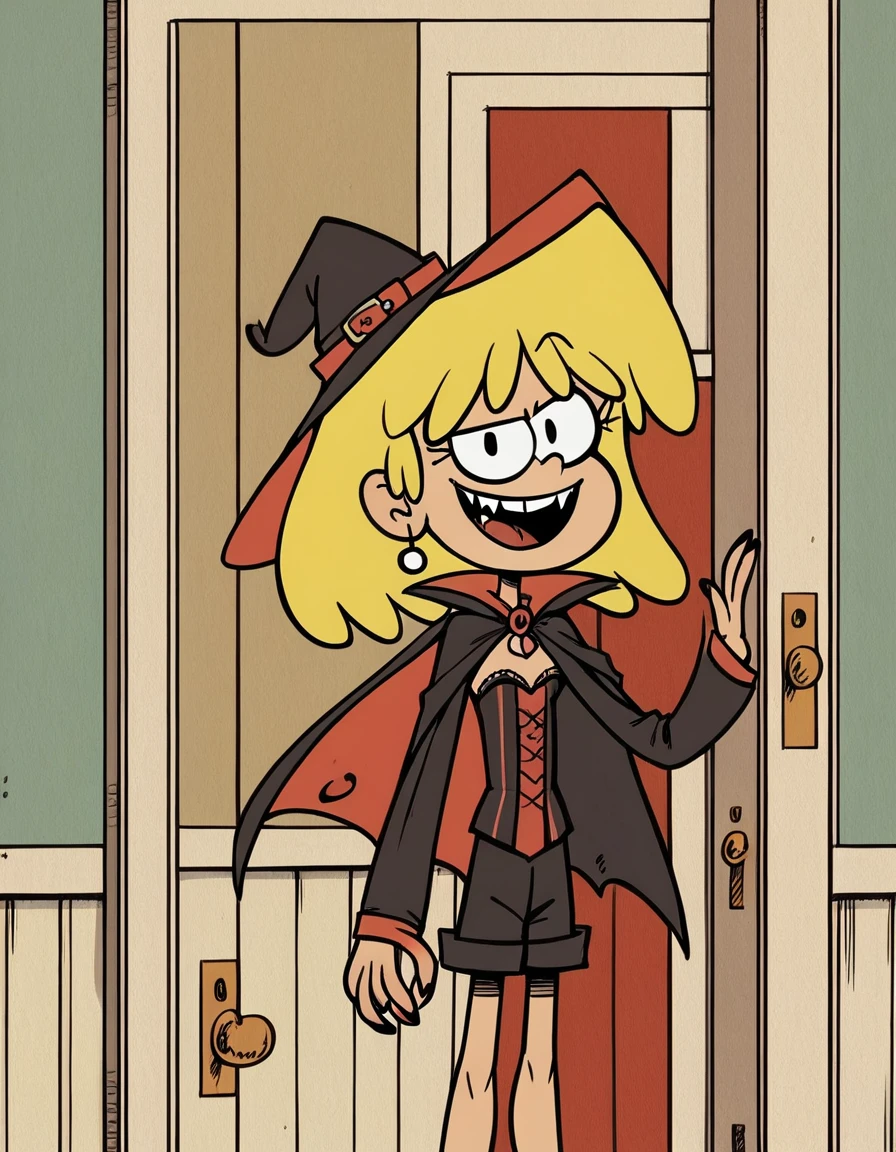  loud, blonde, standing, front door, halloween costume, vampire fangs, vampire cape, looking at viewer, red inside, long sleeves, corset