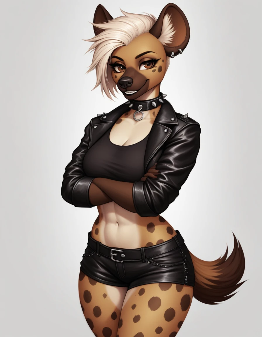 Solo, score_9, score_8, score_7, a tall female spotted hyena, brown snout, black nose, brown eyes, short spiked undercut platinum blonde hair, black lips, hyena tail, brown hyena ears, wearing black leather jacket, black crop top, black short shorts, arms crossed, spiked collar, soft smile, abstract grey background
