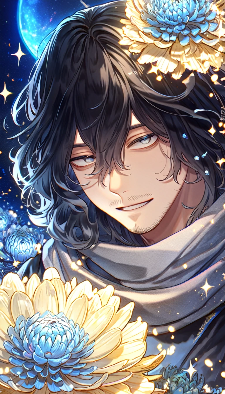 absurdres, highres, ultra detailed, HDR, master piece, best quality, extremely detailed, Eraser Head, black hair, medium hair, faint beard, expressive gray eyes, Boku No Hero Academia, solo, sexy man, handsome, handsome smile, gray scarf, black shirt, fantasy, water, sparkling, blue glittering fireflies, blue moon, blue blossoms, blue chrysanthemums, blue sparkling lights, starry sky