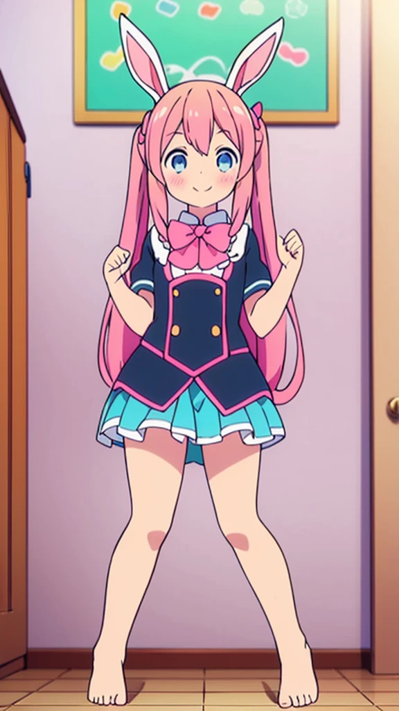 ((masterpiece))((Highest quality))Rabbit Ears、girl、smile、blush、Flat Chest、Are thin、Pink Hair、blush、Are standing、Whole body image、Even your toes are visible、Eye level on face、front、No background、Rabbit Pose、真frontのアングル、Pigtails、uniform