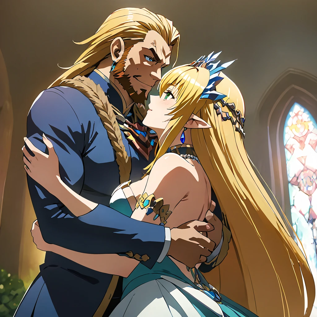 ((Highest quality)), ((masterpiece)), (detailed), （Perfect Face）、The woman is the evil queen, Tearju, with green eyes, medium-long blonde hair, and is wearing the costume of Princess Zelda, princess of Hyrule.、The woman is happily embracing the man, King Ganondorf, as they hold their wedding ceremony in a luxurious church.、The man was King Ganondorf, a dignified, muscular man with dark skin and a beard.