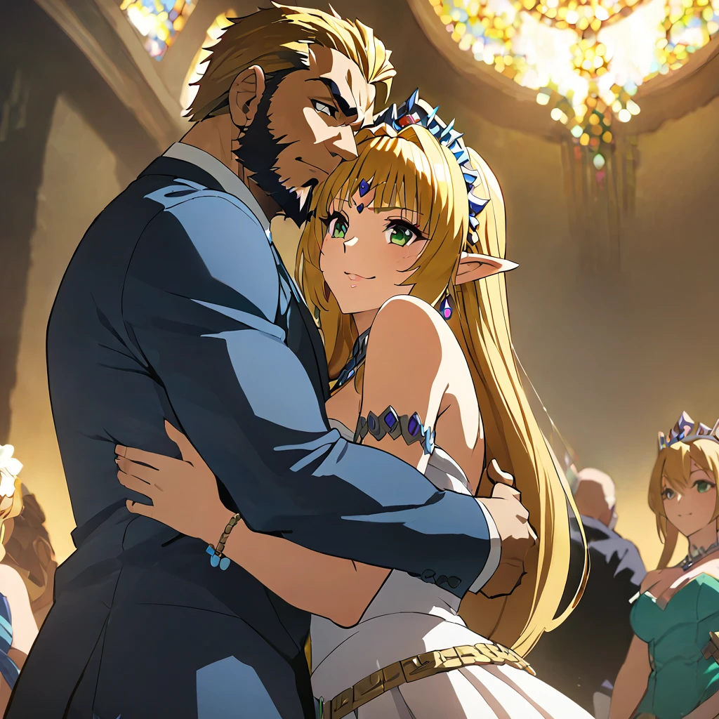 ((Highest quality)), ((masterpiece)), (detailed), （Perfect Face）、The woman is the evil queen, Tearju, with green eyes, medium-long blonde hair, and is wearing the costume of Princess Zelda, princess of Hyrule.、The woman is happily embracing the man, King Ganondorf, as they hold their wedding ceremony in a luxurious church.、The man was King Ganondorf, a dignified, muscular man with dark skin and a beard.