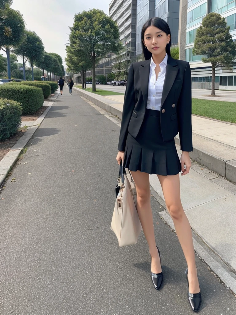 a woman in a skirt and jacket standing on a sidewalk, office clothes, business outfit, short skirt and a long jacket, wearing jacket and skirt, girl in a suit, casual business outfit, wearing a business suit, business woman, wearing business casual dress, girl in suit, wearing a blazer, business clothes, wearing business suit, wearing a strict business suit