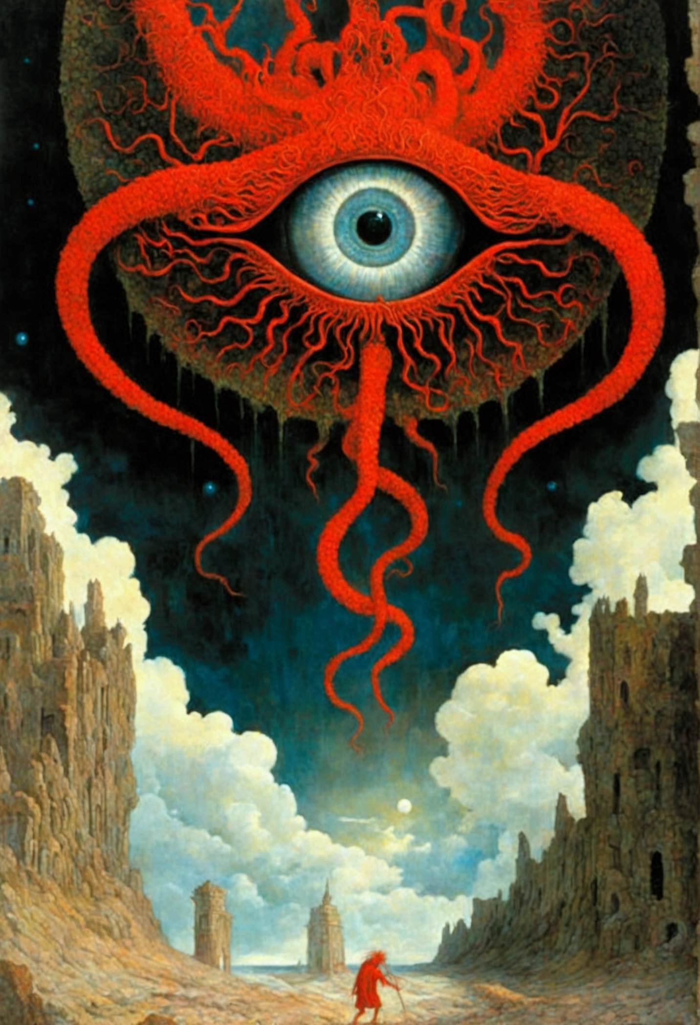 Mythical creatures, author:Zdzislaw Beksiński, Azathoth, Red/Black、eye