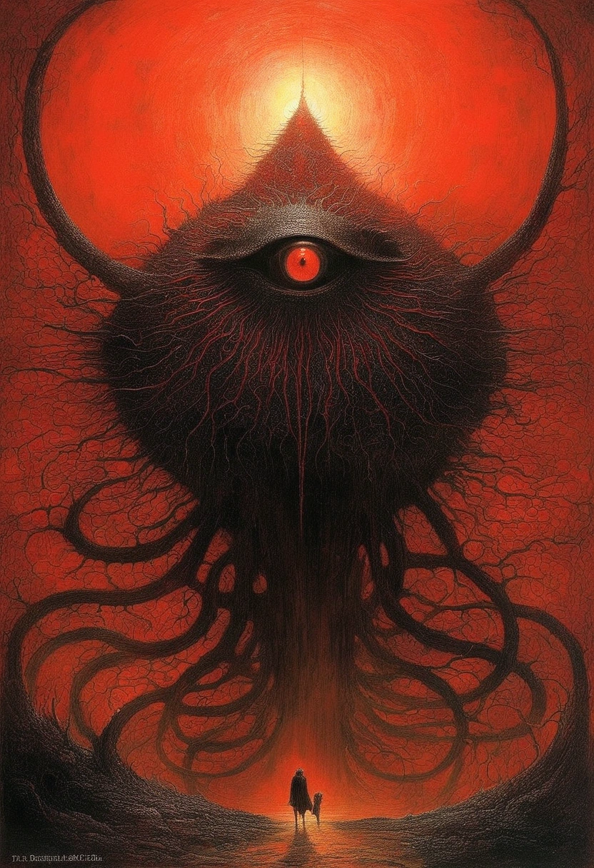 Mythical creatures, author:Zdzislaw Beksiński, Azathoth, Red/Black、eye