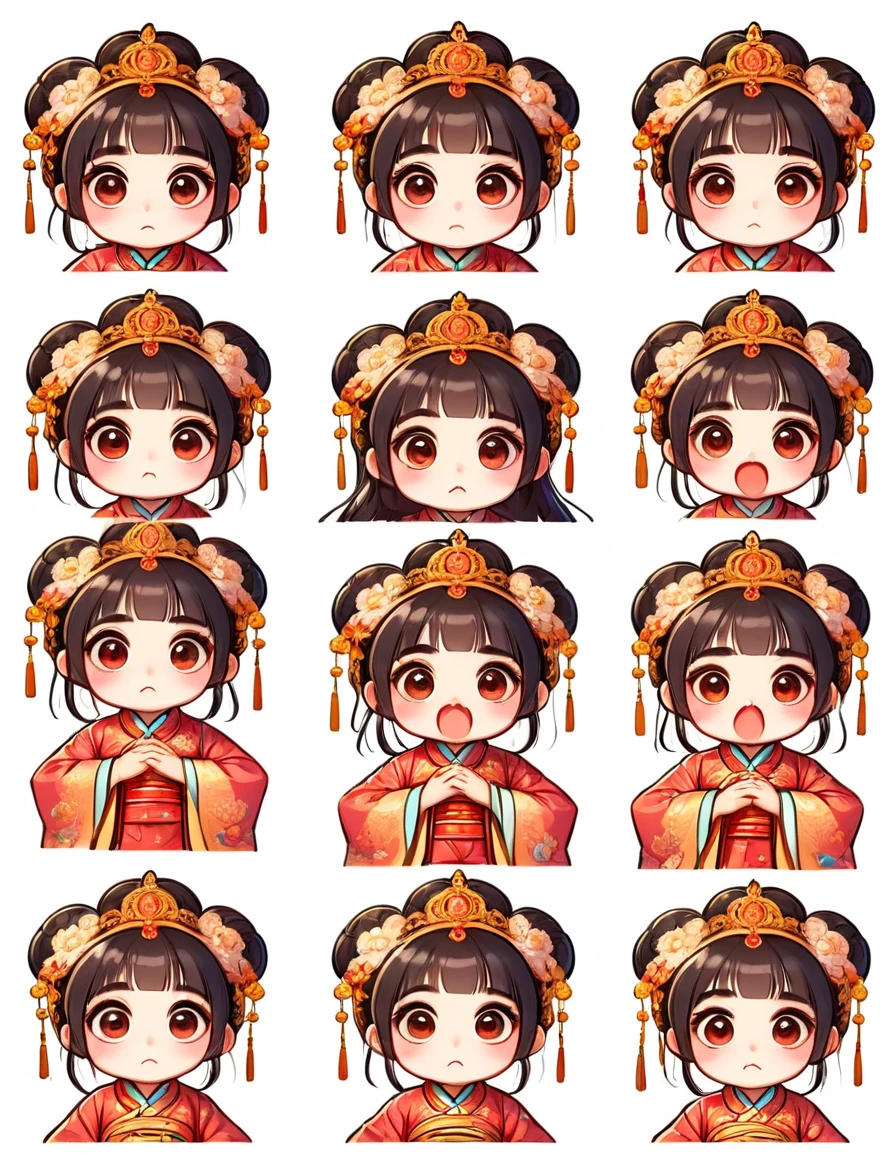 Cute and humorous Q version Chinese girl, big eyes, bust, sticker, 6 different facial expressions, expression board, Various poses and expressions, Anthropomorphic style, Ancient and classic style, Showing a variety of emotions, Cartoon illustration, Vector illustration, (Nine Palace Grid Layout: 1.5), (White background:1.5), Clear outline, Perfect details, Clear boundaries, No crossover