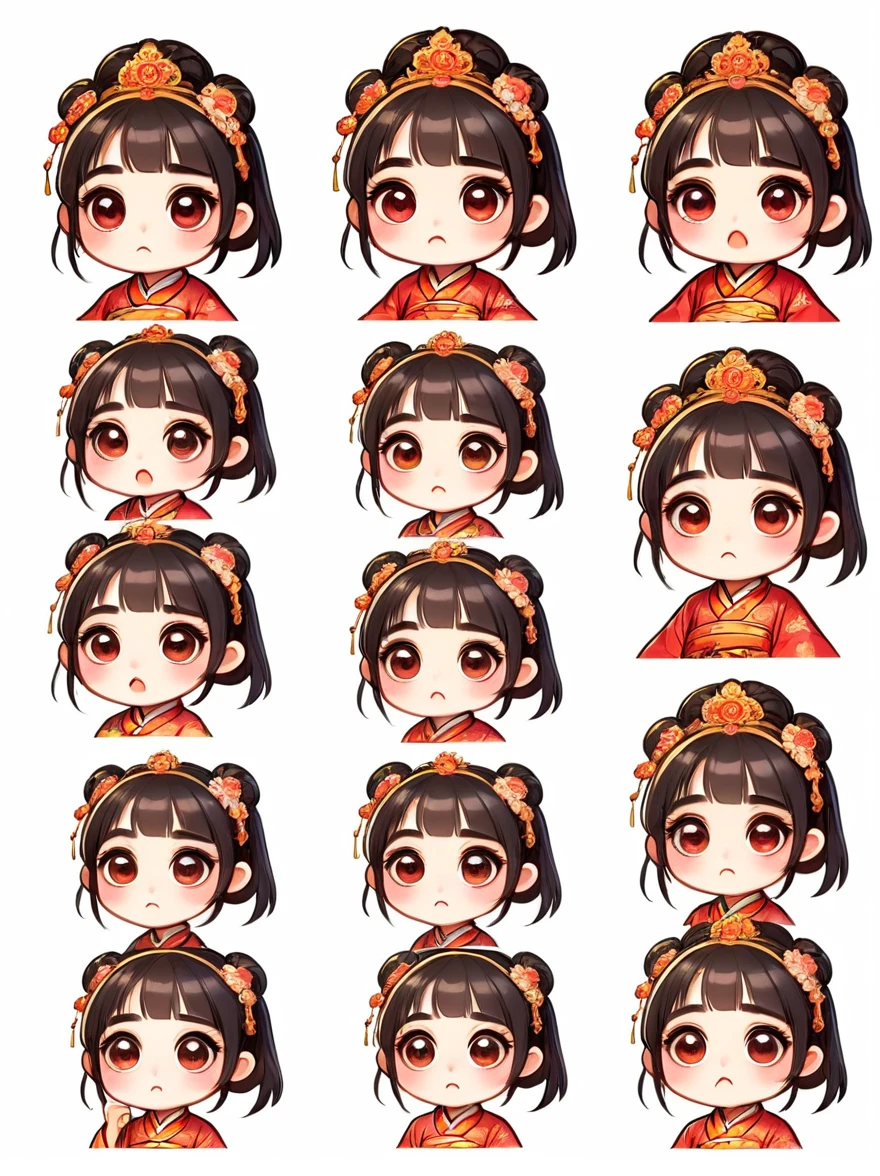 Cute and humorous Q version Chinese girl, big eyes, bust, sticker, 6 different facial expressions, expression board, Various poses and expressions, Anthropomorphic style, Ancient and classic style, Showing a variety of emotions, Cartoon illustration, Vector illustration, (Nine Palace Grid Layout: 1.5), (White background:1.5), Clear outline, Perfect details, Clear boundaries, No crossover