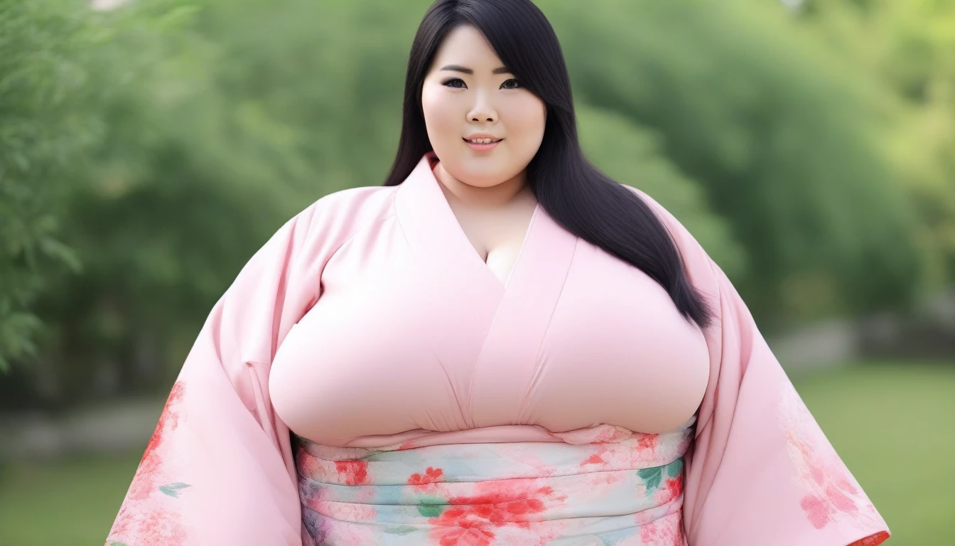 cute black haired asian with extreme huge enormous, bbw, obese, pink kimono. masterpiece 8k, professional photography, complete body to viewer, thunder thighs, fat arms, beautiful view, garden background