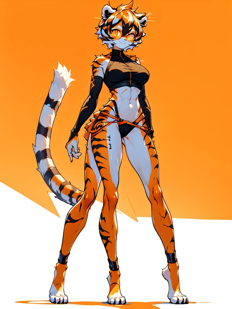 white background, full body, ((furry female:1.2)), Standing, animal ears, white hair, black hair, round eyewear, short hair, large breasts, muscle, tail, orange eyes, orange hair, multicolored hair, tiger girl, hair between eyes, tiger_ears, tiger_tail, orange-tinted_eyewear, tinted_eyewear, big breasts, evil smile, Shadows under feet, Abdominal muscles, (((Hooker outfit:1.2))), Whores who show their talent:1.1