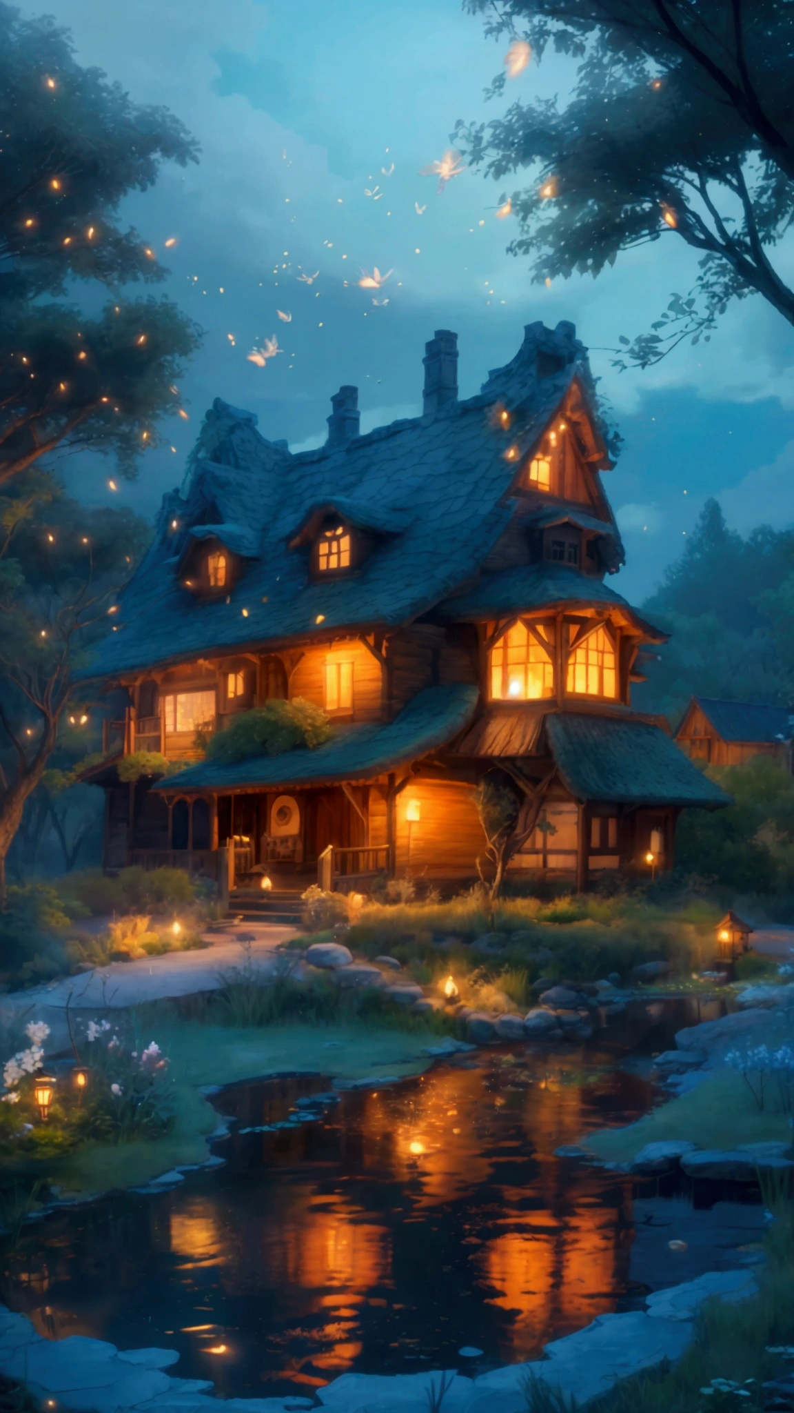 Rural landscape、Ghibli style、night、Mysterious house、Fantastic scene、Images that make your heart flutter when you see them、super high quality、Amazing CG、Highly detailed images。night空にオーロラが舞い、Fireflies are flying around the house。There is a wooden house、Blue light is leaking from the window。There are various things around the house.々A mysterious plant with a strange shape grows here.、There is a small pond、There are mysterious creatures living there。The whole atmosphere is fantastic.、A landscape that makes you feel like you&#39;ve wandered into another world。

