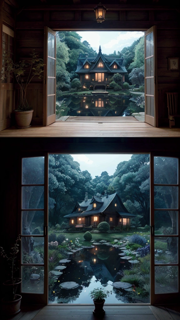 Rural landscape、Ghibli style、night、Mysterious house、Fantastic scene、Images that make your heart flutter when you see them、super high quality、Amazing CG、Highly detailed images。night空にオーロラが舞い、Fireflies are flying around the house。There is a wooden house、Blue light is leaking from the window。There are various things around the house.々A mysterious plant with a strange shape grows here.、There is a small pond、There are mysterious creatures living there。The whole atmosphere is fantastic.、A landscape that makes you feel like you&#39;ve wandered into another world。

