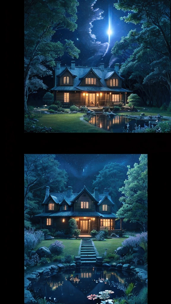 Rural landscape、Ghibli style、night、Mysterious house、Fantastic scene、Images that make your heart flutter when you see them、super high quality、Amazing CG、Highly detailed images。night空にオーロラが舞い、Fireflies are flying around the house。There is a wooden house、Blue light is leaking from the window。There are various things around the house.々A mysterious plant with a strange shape grows here.、There is a small pond、There are mysterious creatures living there。The whole atmosphere is fantastic.、A landscape that makes you feel like you've wandered into another world。