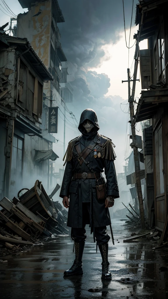 A skeleton wearing an old Japanese military uniform, standing in a ruined town. The scene is shrouded in mist, creating a faint and eerie atmosphere.
