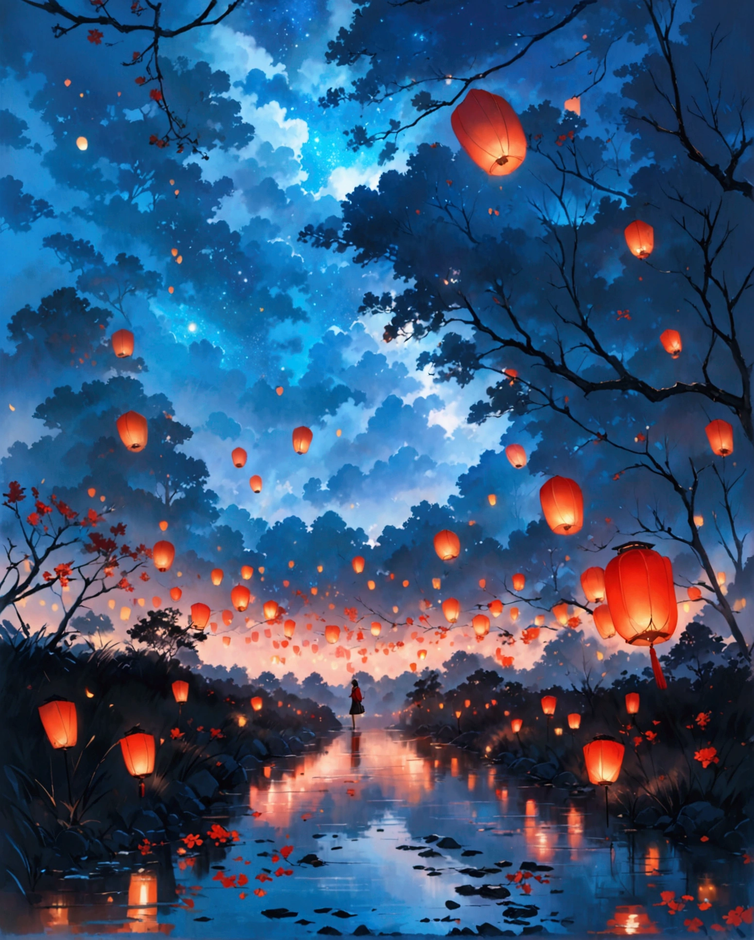 1. Place a river lamp near the river,Many sky lanterns are lit up on the water., Floating light, Cinematic Light and Reflections, Glowing Light! Intermediate metaverse elements,Digital Painting, Shining Reflection, consider. by Makoto Shinkai, Floating lanterns, Calm Night. Digital Illustration, Beautiful atmosphere, Skylight at night, Calm Nightの雰囲気, Beautiful digital art, Few details. Digital Painting, Beautiful atmosphere