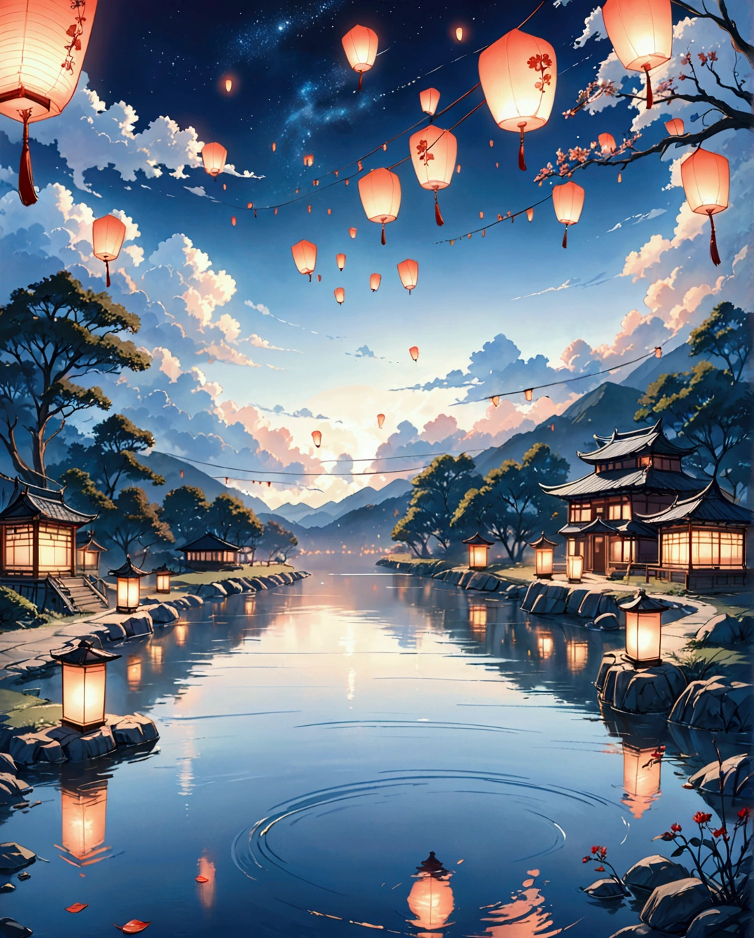 1. Place a river lamp near the river，Many sky lanterns are lit up on the water., Floating light, Cinematic Light and Reflections, Glowing Light! Intermediate metaverse elements，Digital Painting, Shining Reflection, consider. by Makoto Shinkai, Floating lanterns, Calm Night. Digital Illustration, Beautiful atmosphere, Skylight at night, Calm Nightの雰囲気, Beautiful digital art, Few details. Digital Painting, Beautiful atmosphere