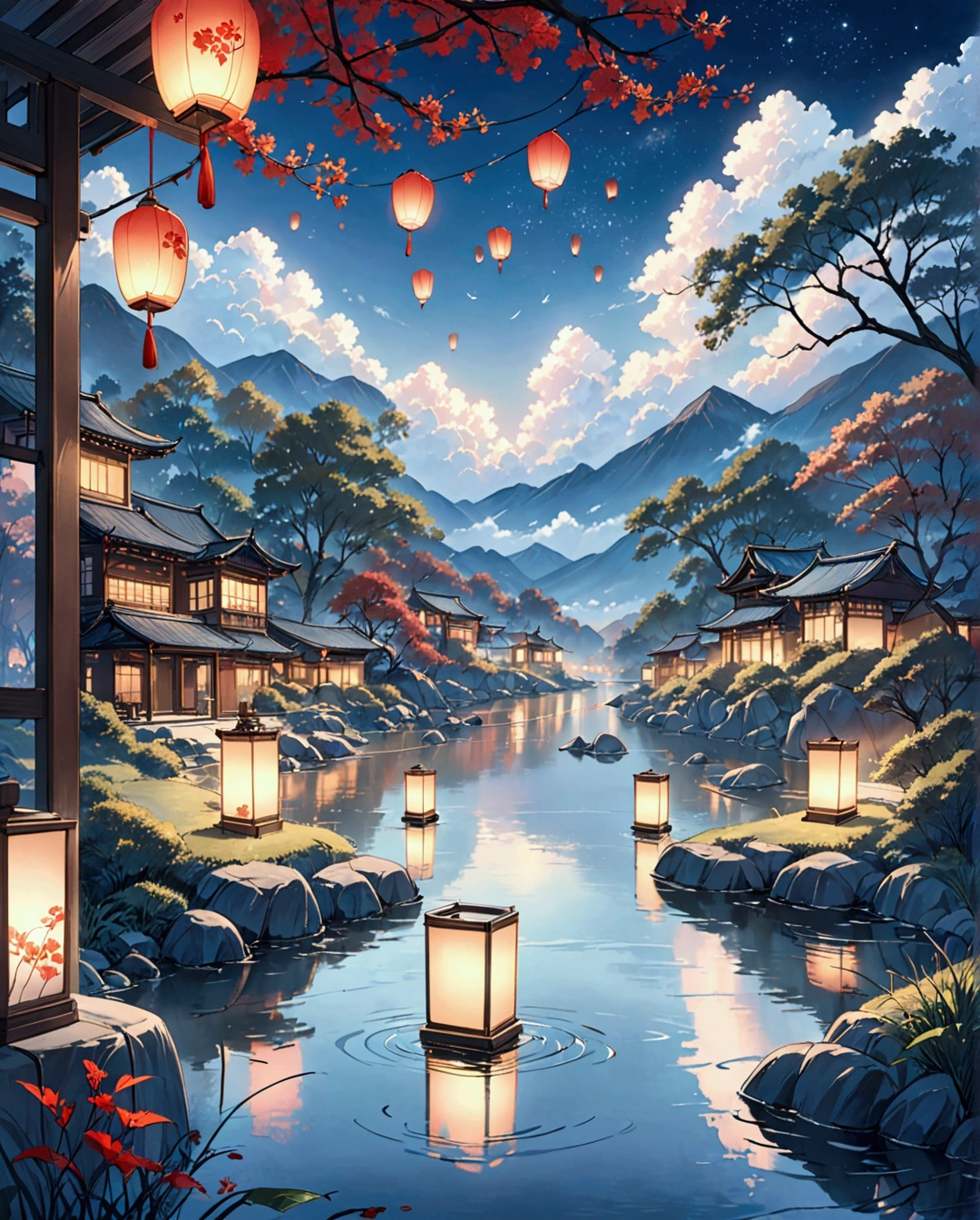 1. Place a river lamp near the river，Many sky lanterns are lit up on the water., Floating light, Cinematic Light and Reflections, Glowing Light! Intermediate metaverse elements，Digital Painting, Shining Reflection, consider. by Makoto Shinkai, Floating lanterns, Calm Night. Digital Illustration, Beautiful atmosphere, Skylight at night, Calm Nightの雰囲気, Beautiful digital art, Few details. Digital Painting, Beautiful atmosphere