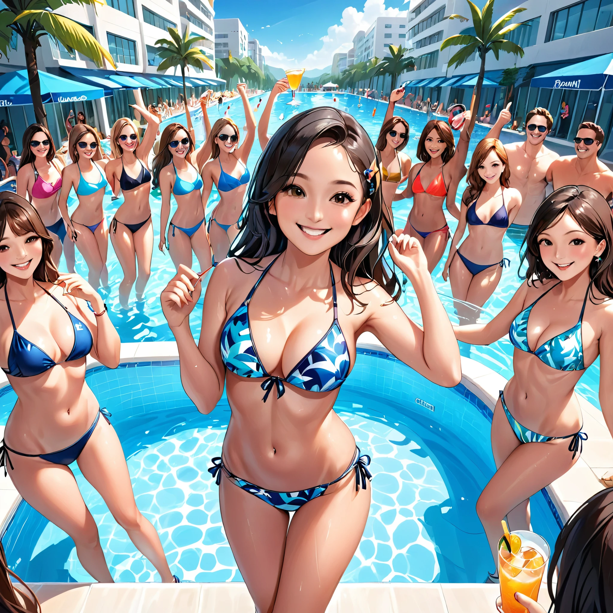 (best quality, masterpiece, highres:1.3), detailed, poolparty, bikini women, cheers pose, long hair, happy smile, swimsuit, poolside, lot of people, 