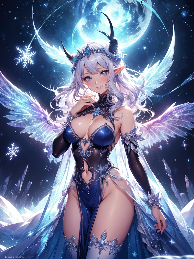 最high quality、最high quality、1 woman elf、Succubus、Stand against a wall(( cowboy shot ))((full body stocking))'((see-through body stocking))、Lots of giant snowflakes、Beautiful eyes、tears、Raise your arms behind your head、Beautiful decoration、、Ice tiara、Beautiful galactic light、A world made of ice、最high quality , Fractal Art.Ice Throne、ice World、Bikini、beautiful big 、　((Laugh beautifully、))((Glowing ice　))SMqueen、Beautiful face、orgasy、Beautifully decorated stockings、Devil's World、Ice crystals、Crystal of snow、Ice wall、ice World、Bigger on the front、 Beautiful shine,High-definition depiction, Realistic, 8K, Unity, Beautiful thighs,,Giant Devil's Wings、Rainbow-colored wings、、 light smile, Beautifully and vividly drawn, , beautiful beautiful透き通る肌、The magic of shining beautiful decoration、Giant horns、 demon king、、Beautiful decorationの角、 , beautiful、 Romanticism,mosquito。 The most beautiful form of chaos, Mr..々 Intertwined flowers, P article,Magical gentle light,smile,,image quality、masterpiece、Beautiful face、Super beautiful elf woman((Big breasted 22old office lady、Bust 120,Beautiful long ironed hair、Silver Hair、height: 165cm。、Esbian、、high quality、、Visual Arts、最high quality、1 woman elf NP: Worst quality ,beautiful Fractal Art　、、、light、Beautiful radiance,High-definition depiction, Realistic, 8K, Unity, , light smile, Beautifully and vividly drawn, , Beautiful, beautiful, clear skin、 Countless rays of light pouring down, Swirling Light, big background, , Intense light is emitted from the magic circle in front of the girl. Romanticism,Cowboy Shot: 最high quality　　