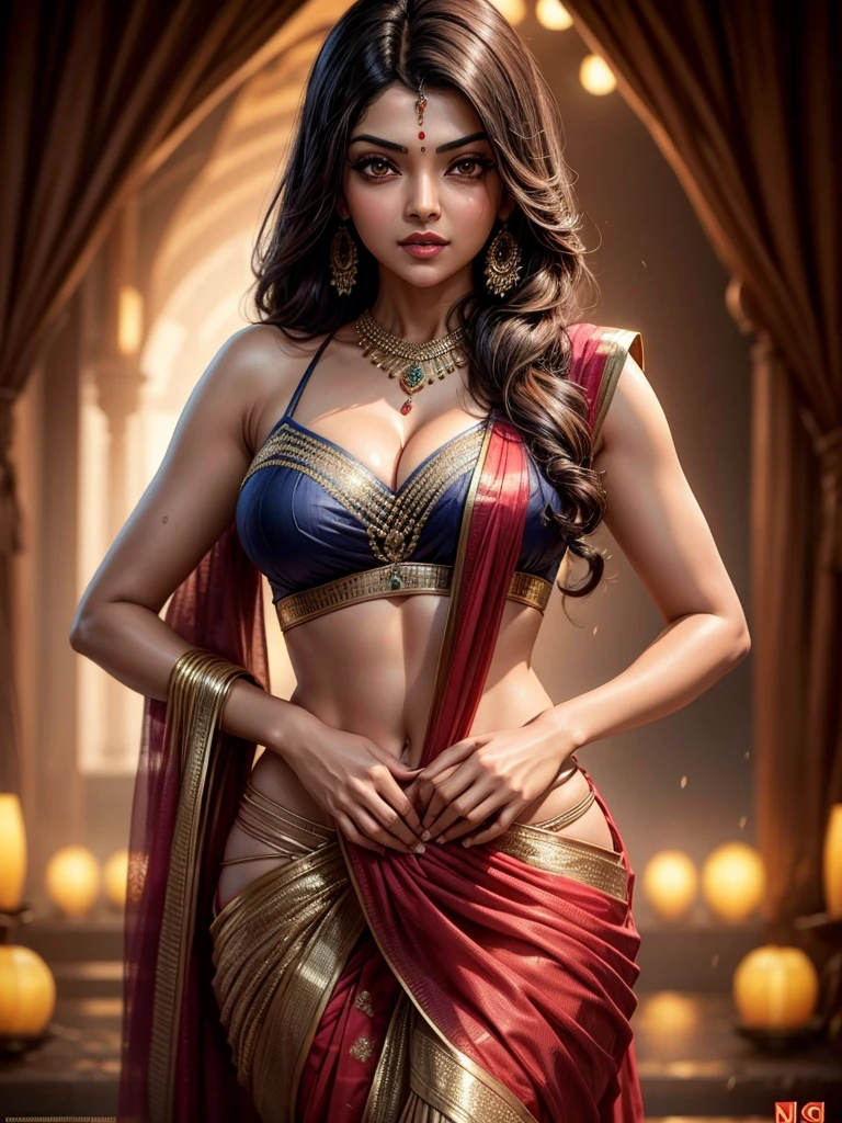 Portrait of women named Kajal Aggarwal sexy wearing saree, 35 year old, perfect Indian woman, long stylish hair, wet hair, seductive, big breasts and cleavage