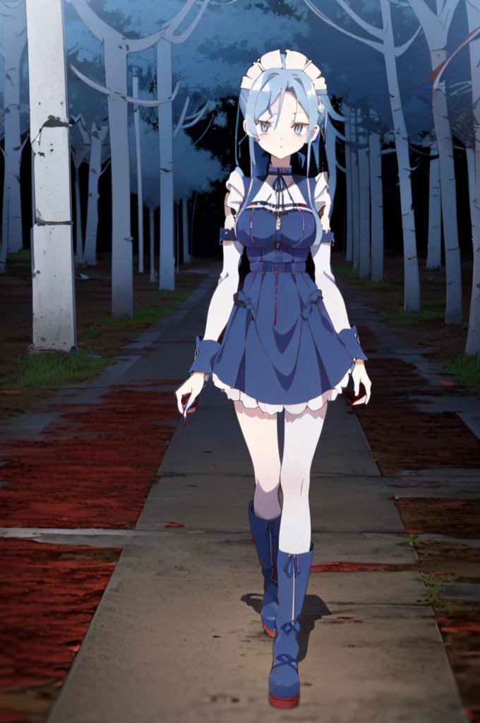 ((split-color hair,red hair,blue hair)),[(forest background:1.4)::5],original,(illustration:1.1),(best quality),(masterpiece:1.1),(extremely detailed CG unity 8k wallpaper:1.1), (colorful:0.9),(mid shot:0.95),(full body:1.5),Dynamic angle,(solo:1.2), (girl),((adult)), (detailed beautiful eyes:1.15), (beautiful face:1.15), (glowing red eyes:1.25////),((medium hair)),((split-color hair,red hair,blue hair)),(high twintails),(chignon),(+perfect hand+:1.21),(Draw an illustration of a gothic girl),(Religious),(slender),(is wearing boots on her feet),((is wearing white maid clothes)),(furious), Lace Off-shoulder lolita fashion,beautiful slender woman,high twintails,((split-color hair,red hair,blue hair)),((split-color hair,red hair,blue hair)),from side,((split-color hair,red hair,blue hair)),((split-color hair,red hair,blue hair)),((black boots)),((split-color hair,red hair,blue hair)),((black boots)),