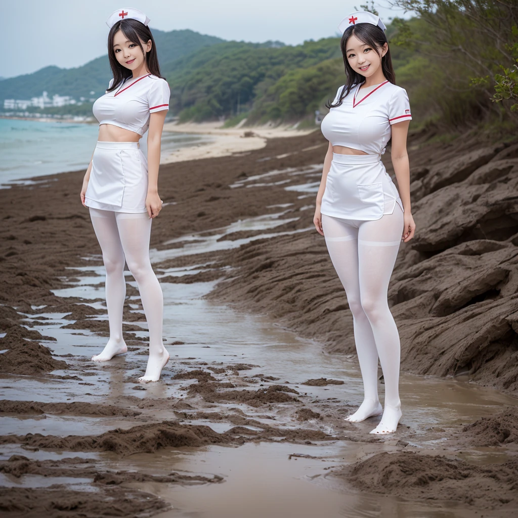 (((short-torsoed  young slender Japanese girls on mud beach))),  natural front lighting, ultra sharp focus, large eyes with long eyelashes and double eyelids, dynamic angle,red lip,smile, ((huge breasts)), (full body shot:2), (((wearing nurse wear and white pantyhose)))