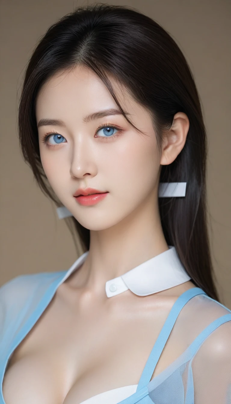 8K, Ultra-high resolution, Highest quality, masterpiece, 三分割法によるphotograph,Surreal, photograph, 1 Girl, (:1.3), pretty girl, Cute face, Beautiful eyes in every detail, (((Pale blue eyes:2.1))),細かくdetailedに,masterpiece,One Girl:1.2, Japan Female Announcer,Tabletop,Glare,Black Hair,Slicked back hair,Blazer Uniform,White collared blouse,The chest buttons are open,Sharp focus、Perfect dynamic composition、Beautiful and detailed、Thin Hair、Realistic skin texture with attention to detail、smile、Close-up portrait、Model Body Type,Looking at the audience、beauty,Long neck、(((Ideal body type))),(((C cup breasts :2))),、Portraiture:2、Perfect Anatomy、なdetailed、detailed、Surreal、Light and shadow,Strong light