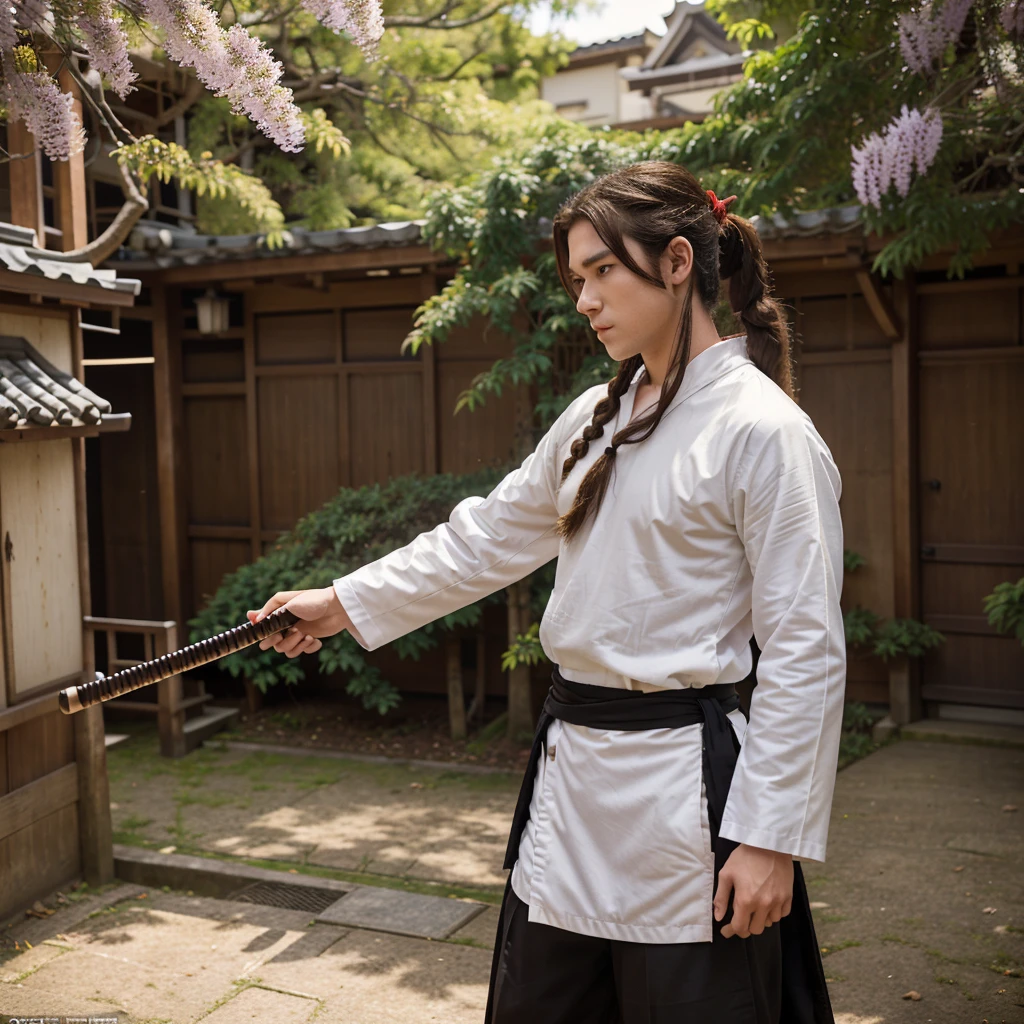 Demon slayer. A 19 year old man with long, thick, brown hair in a half pony tail. The hair is down to his waist and he has red eyes. Also, he wears a plain white haori. Taisho era Japan. Holding an instrument called The Koto. Wisteria trees. Black gloves. Very pale skin. Black, thigh-high socks.