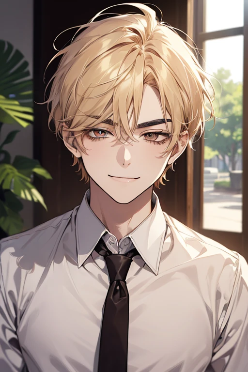 (masutepiece, Digital Art, Digital Illustration, 4K, 8K, Ultra-detailed, beautiful image, Sharp Image, Photorealistic, Raw photo, Perfect face, Perfect lines, Perfect eyes, Soft lighting) 1 male human, (a blond,Brown eyes,hair between eye,hair messy,short-hair,deadpan,Goofy face,Parallel eyebrows,Narrow-eyed,kindly smile,ember,28 years old:1.3),Handsome men, (ember,Business Shirt,neck tie,Thin macho,Firm shoulder width,Adult male:1.2),small plants,Sleepy face,Frantically opening your eyes,Loosen your tie,5 minutes before work,Living alone in a 1LDK,Hairstyle check,inside in room,Simple sofa,Double sofa