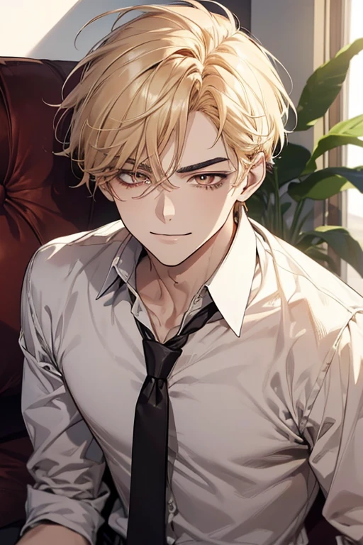 (masutepiece, Digital Art, Digital Illustration, 4K, 8K, Ultra-detailed, beautiful image, Sharp Image, Photorealistic, Raw photo, Perfect face, Perfect lines, Perfect eyes, Soft lighting) 1 male human, (a blond,Brown eyes,hair between eye,hair messy,short-hair,deadpan,Goofy face,Parallel eyebrows,Narrow-eyed,kindly smile,ember,28 years old:1.3),Handsome men, (ember,Business Shirt,neck tie,Thin macho,Firm shoulder width,Adult male:1.2),small plants,Sleepy face,Frantically opening your eyes,Loosen your tie,5 minutes before work,Living alone in a 1LDK,Hairstyle check,inside in room,Simple sofa,Double sofa