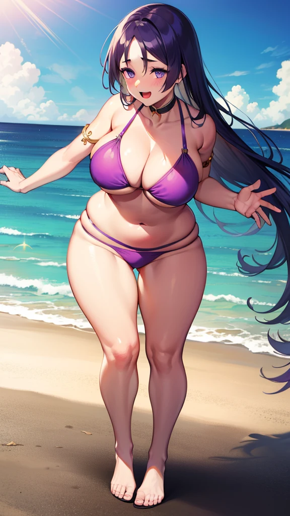 ,Open mouth,big breasts,wide hips,,,purple hair,blush,,smile,,outdoor,milf,from front,beach,purple bikini,beach,sunlight,,choker,armlet,blue sky,open arms,water,ocean,anime,masterpiece,best quality,ultra detailed,,make-up,rouge,mascara,close up,face focus,tall,chubby milf,wide hip,,full body,narrow waist,stomach,navel