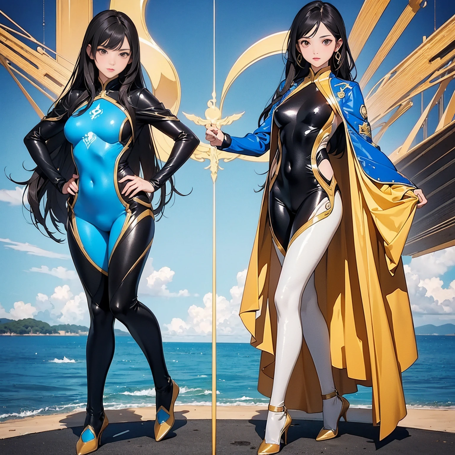 ((Full body photo, standing, feet on the floor)) 2girls, highest quality、shoe without heel, Realistic、female、Japanese、zoom、cute、Brown eyes、Black Hair、long hair、Blue hero suit、Gold accents on suits、Shiny bodysuit、Ocean