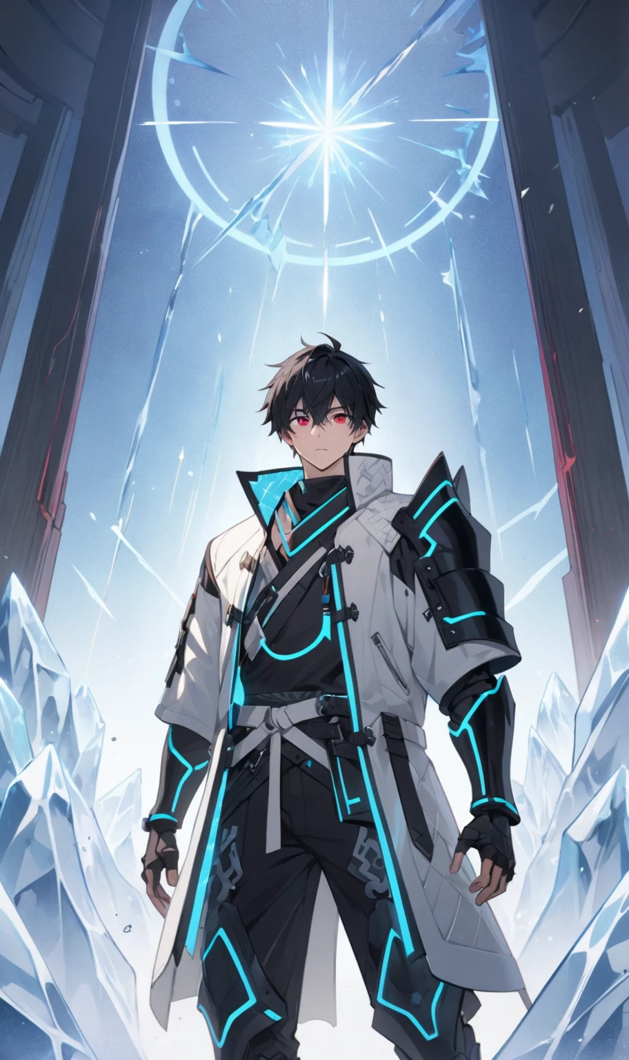 1boy, masterpiece, best quality, very aesthetic, absurdres,newest, anime style, sung jin woo,  solo leveling, black hair, HairDetailer, short hair, (ice neon black tech samurai armor:1.3)), (White kirito jacket:1.3), (glows deep ruby red eyes:1.2), (gradient eyes:1.2), (symmetrical eyes:1.2), big highlight on eyes:1.3), BeautifulEye, dynamic angle, thunder clap pose, GoodHands, intricate, surreal, intricate, Add Detail, 