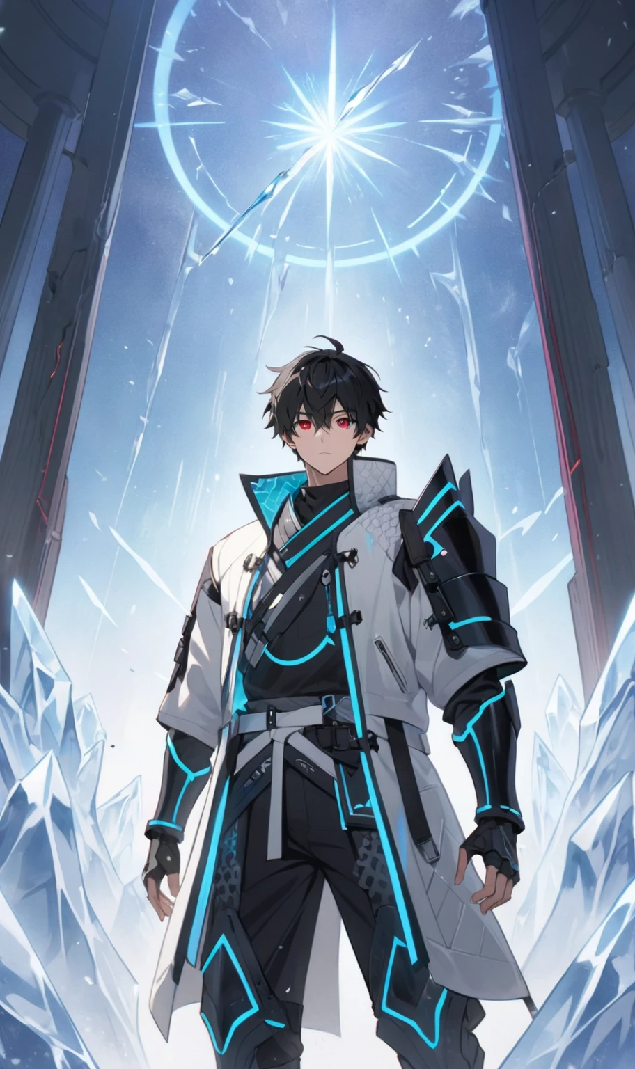 1boy, masterpiece, best quality, very aesthetic, absurdres,newest, anime style, sung jin woo, solo leveling, black hair, HairDetailer, short hair, (ice neon black tech samurai armor:1.3)), (White kirito jacket:1.3), (glows deep ruby red eyes:1.2), (gradient eyes:1.2), (symmetrical eyes:1.2), big highlight on eyes:1.3), BeautifulEye, dynamic angle, thunder clap pose, GoodHands, intricate, surreal, intricate, Add Detail,