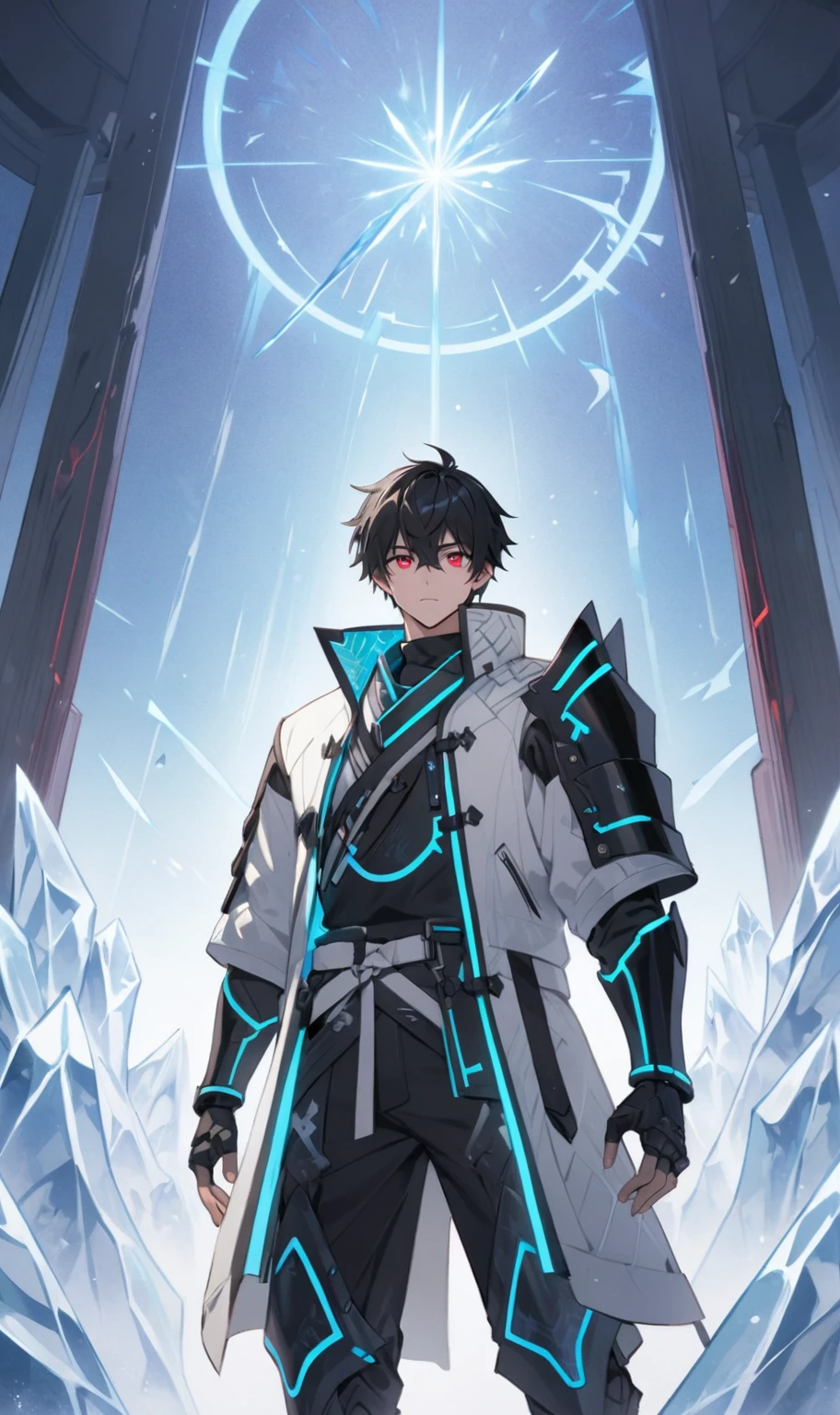 1boy, masterpiece, best quality, very aesthetic, absurdres,newest, anime style, sung jin woo,  solo leveling, black hair, HairDetailer, short hair, (ice neon black tech samurai armor:1.3)), (White kirito jacket:1.3), (glows deep ruby red eyes:1.2), (gradient eyes:1.2), (symmetrical eyes:1.2), big highlight on eyes:1.3), BeautifulEye, dynamic angle, thunder clap pose, GoodHands, intricate, surreal, intricate, Add Detail, 
