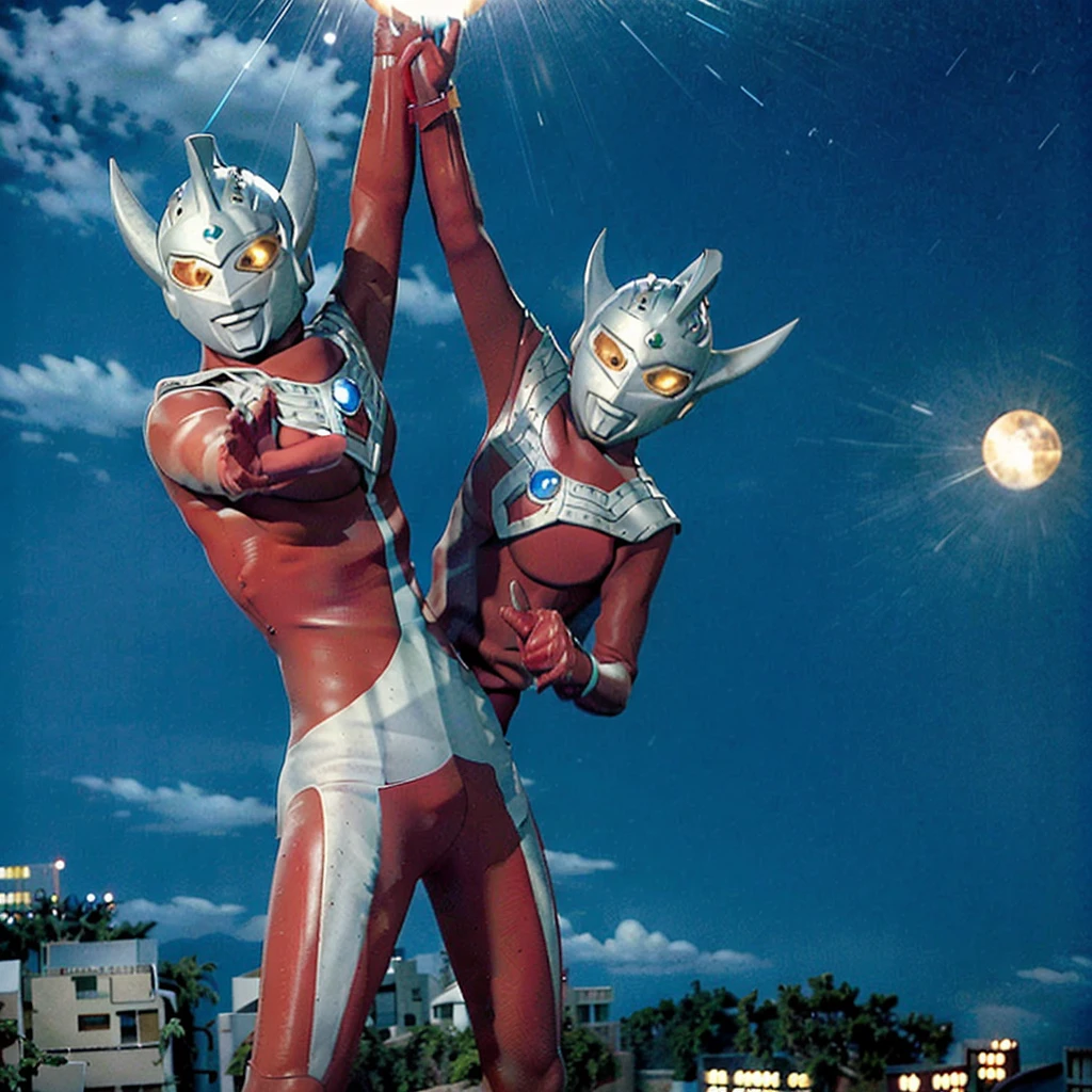 Put arms together and emit rays,40m tall Giant superhero Ultraman Taro,standing on Tokyo Japan,The same size as the building,tall and slim, portrait, fighting pose, photo high quality, realistic photo, night scene,silver helmet, glass hemisphere on chest glows, yellow eyes, forehead lamp glows,martial arts pose, slim body,long limbs,4K
